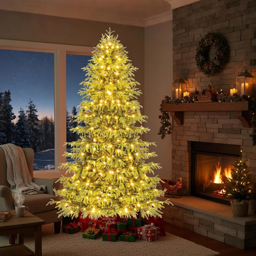 Albero di Natale 210 cm, Albero di Natale Pre-illuminato con 370 Luci LED Bianco Caldo, 1090 Punte di Rami & Base in Metallo Pieghevole, Decorazione Natalizia (210 cm)