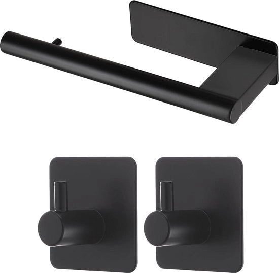 Sostegno per carta igienica con ganci adesivi - Supporto autoadesivo per rotoli wc in acciaio inossidabile 304 - Nero opaco - Bagno e cucina