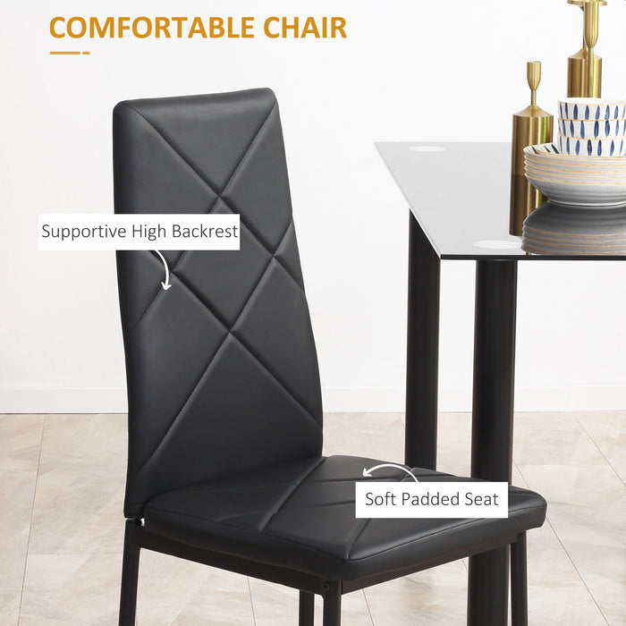 Set Tavolo da Pranzo con Piano in Vetro e 4 Sedie Imbottite in Finta Pelle Nero