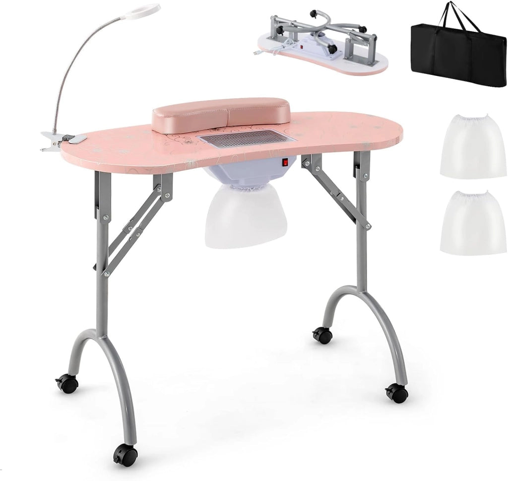 COSTWAY Tavolo per Manicure Pieghevole con Aspiratore, Tavolo per Unghie Portatile con Luce LED Regolabile, Cuscino Poggia Polso Rimovibile, Borsa da Trasporto e 4 Ruote Bloccabili (Bianco)