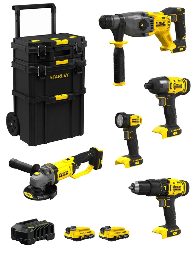 STANLEY FatMax Kit SVK500 (SFMCH900  + SFMCG400  + SFMCD711 + SFMCF800 + SFMCL020 + 2 x 2,0 Ah + Caricabatteria + Caddy 3in1)