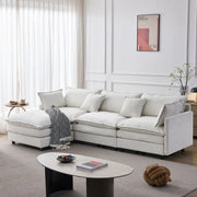 Divano angolare modulare in chenille con pouf mobile e 3 posti, struttura in legno massiccio, beige