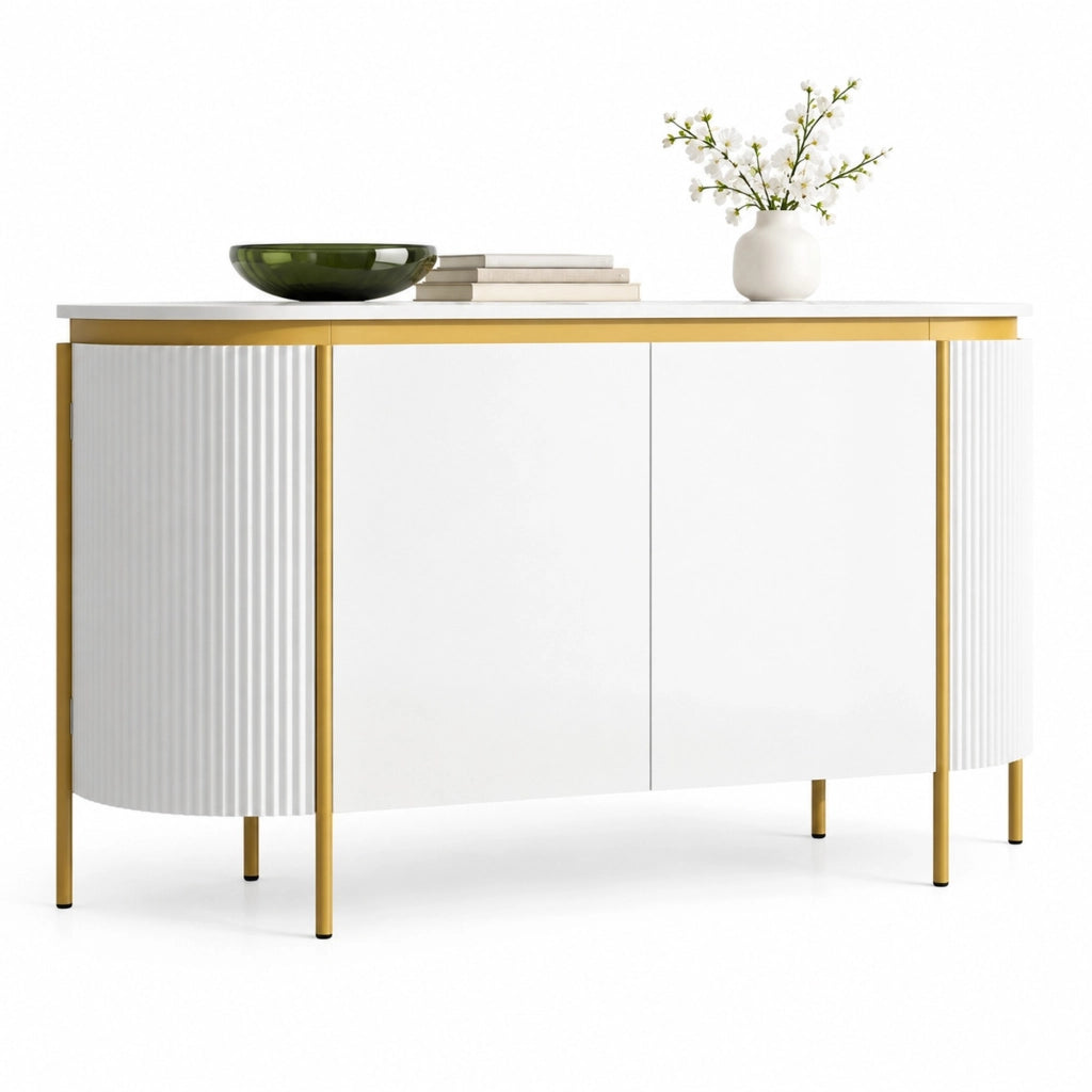 Credenza ovale 140x38x80 cm con 4 ante e passacavi bianca HOMVRA