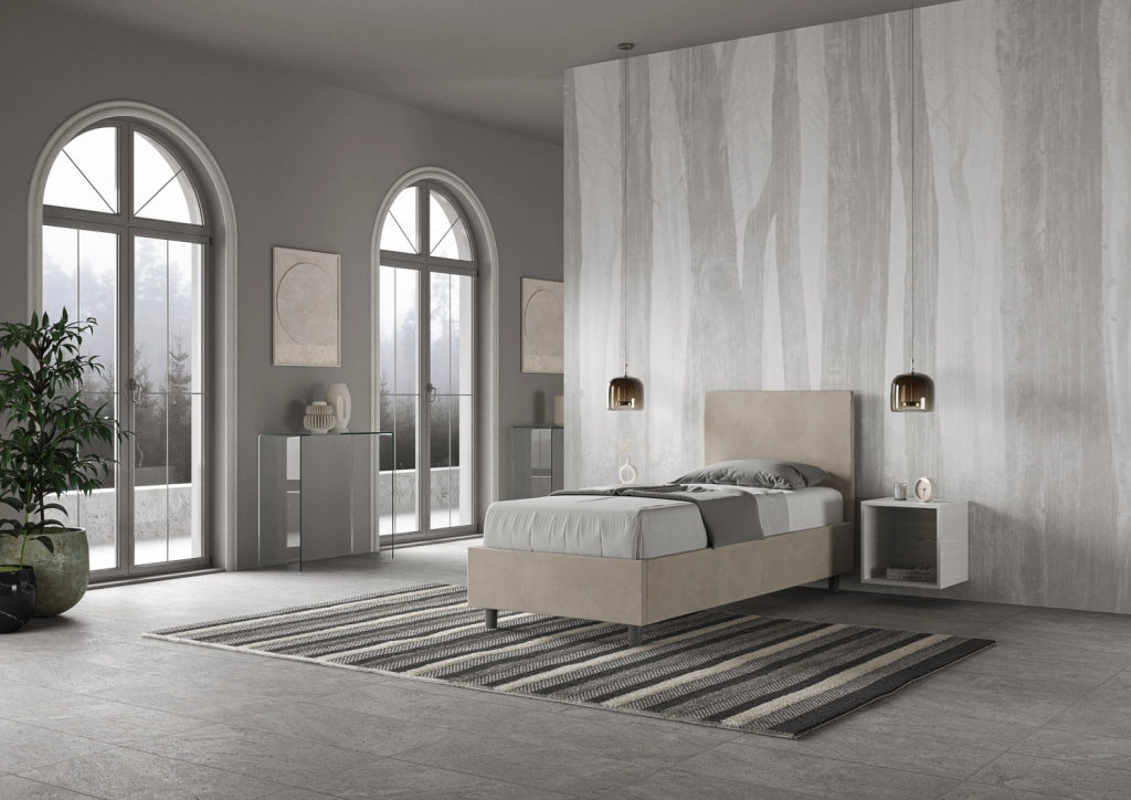 BS COM Letto singolo senza rete imbottito 80x200 microfibra sabbia
