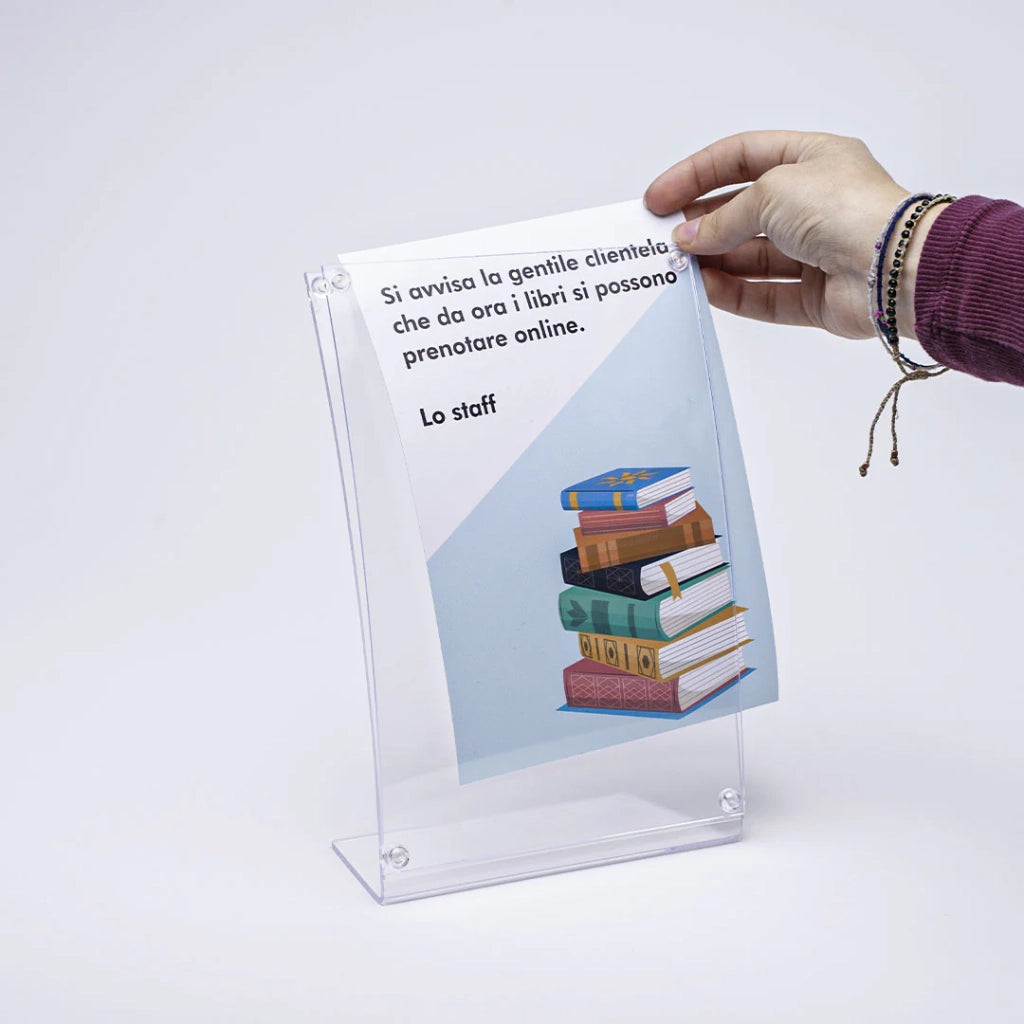 Porta avvisi da banco magnetico in Plexi profilo curvo Monofacciale - A4 Verticale