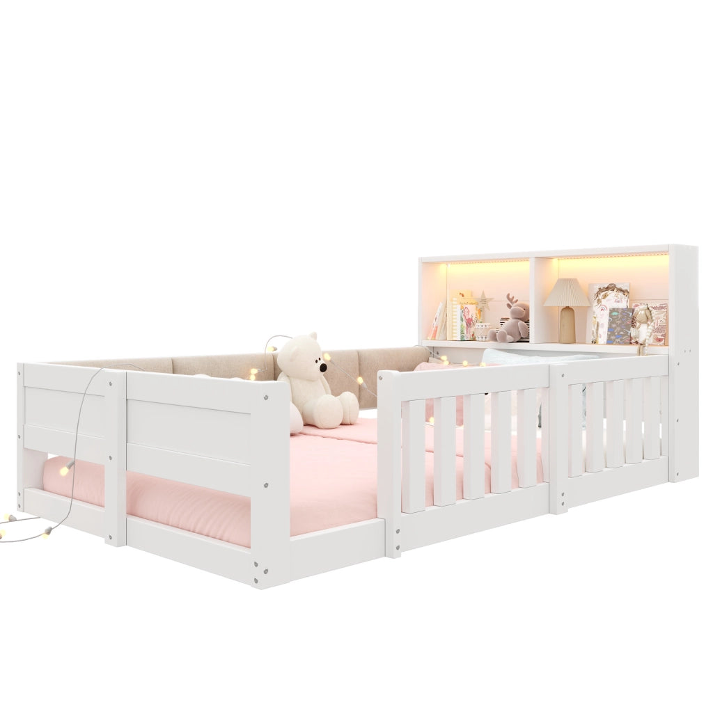 Lettino per bambini con sponde di sicurezza e testiera con contenitore; 90x200 cm; bianco