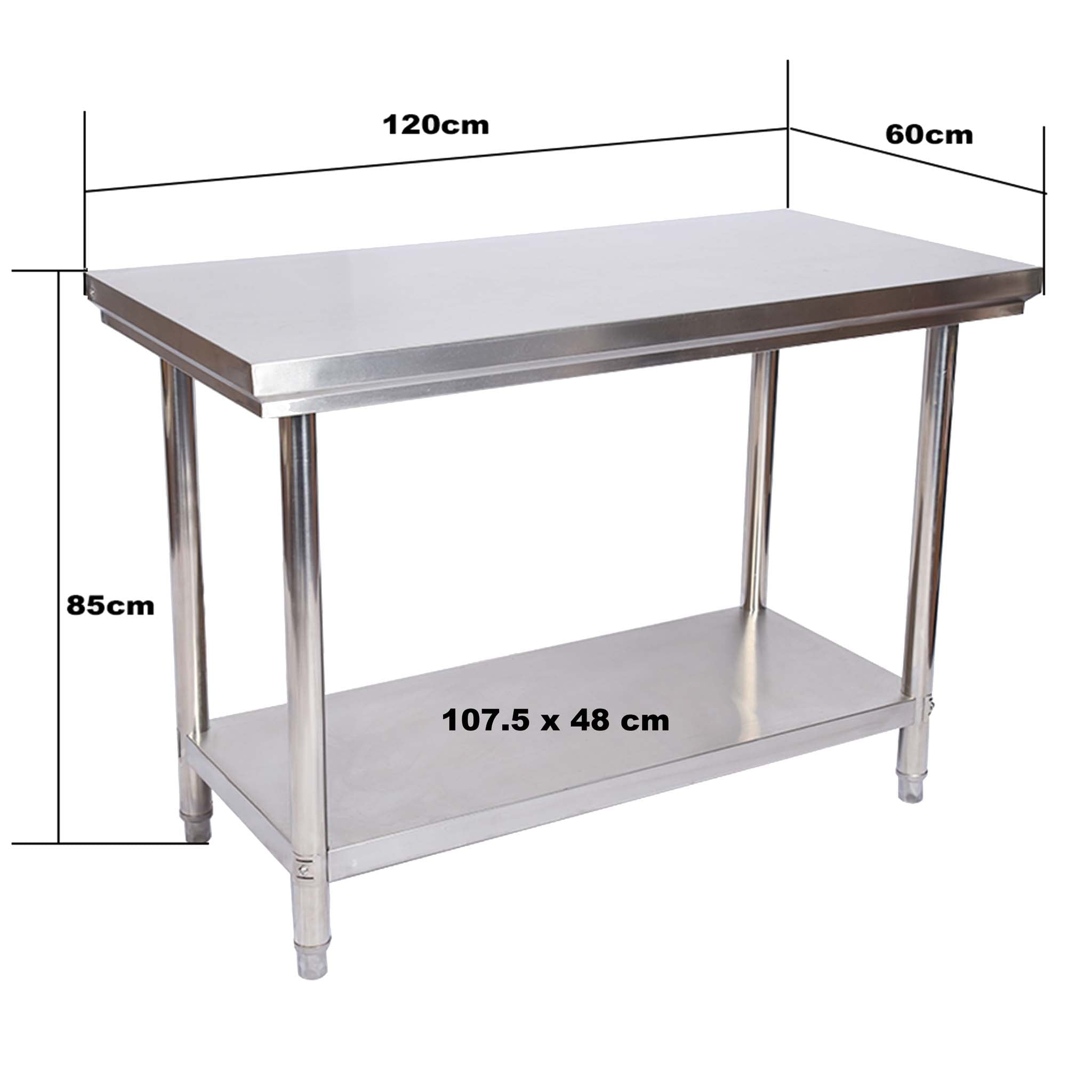 Tavolo da lavoro in acciaio inox 120 x 60 x 85 cm con ripiano inferiore e piedi regolabili