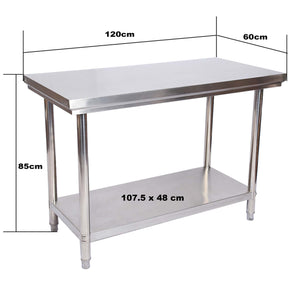 Tavolo da lavoro in acciaio inox 120 x 60 x 85 cm con ripiano inferiore e piedi regolabili