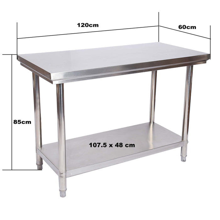 Tavolo da lavoro in acciaio inox 120 x 60 x 85 cm con ripiano inferiore e piedi regolabili