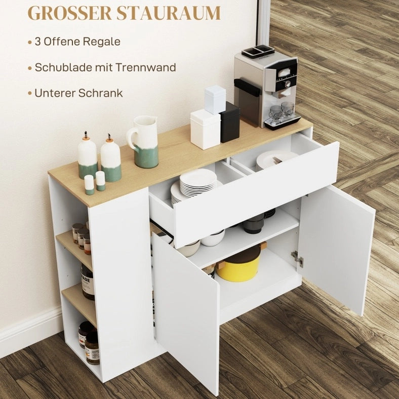 Mobiletto laterale da cucina bianco con cassetto e ripiani regolabili 105x30x81,5 cm