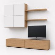 Parete Attrezzata Per Soggiorno Con Base TV 2 Ante Pensile 4 Ante E 2 Mensole Design Contemporaneo In Melaminico Facile Da Pulire Bianco E Rovere