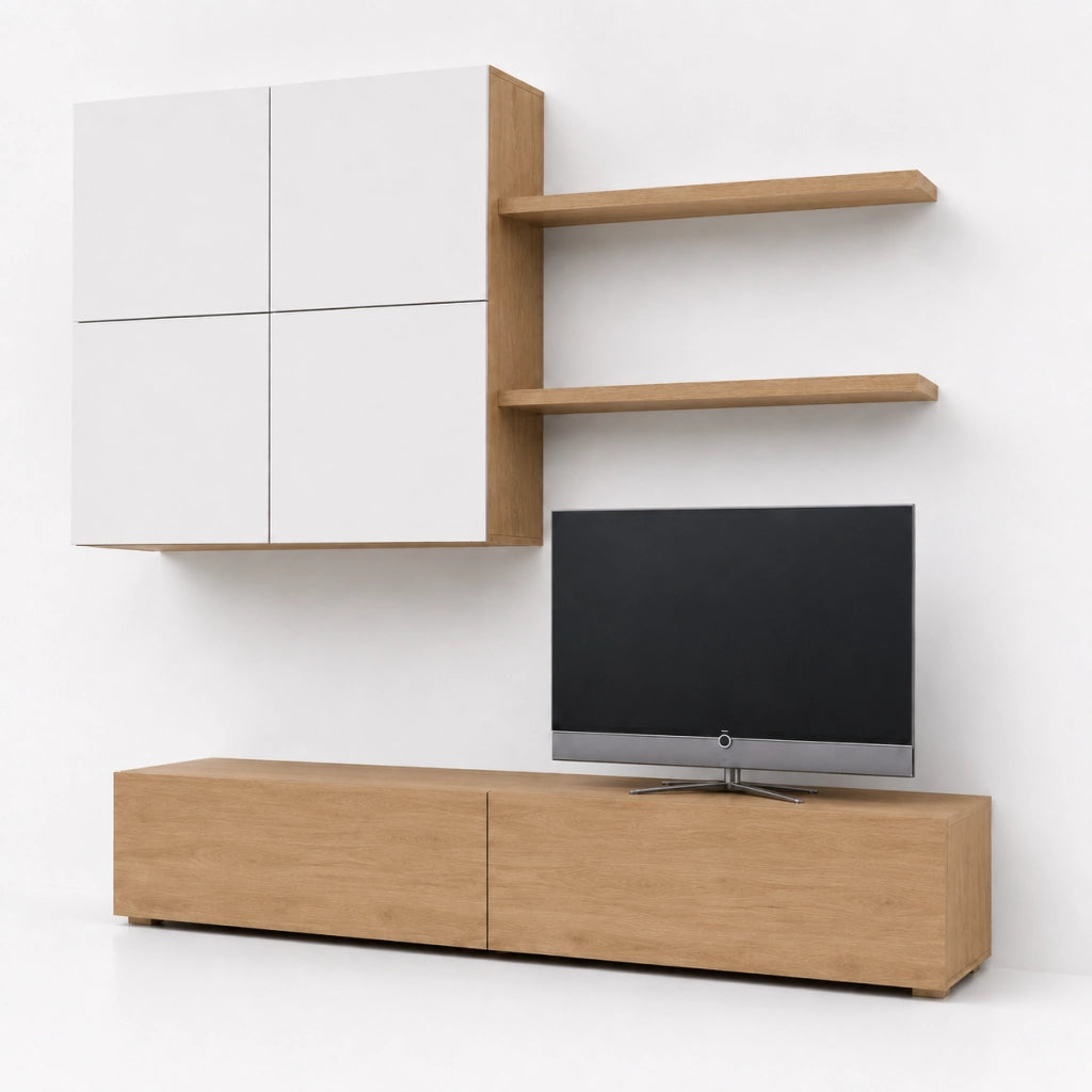 Parete Attrezzata Per Soggiorno Con Base TV 2 Ante Pensile 4 Ante E 2 Mensole Design Contemporaneo In Melaminico Facile Da Pulire Bianco E Rovere