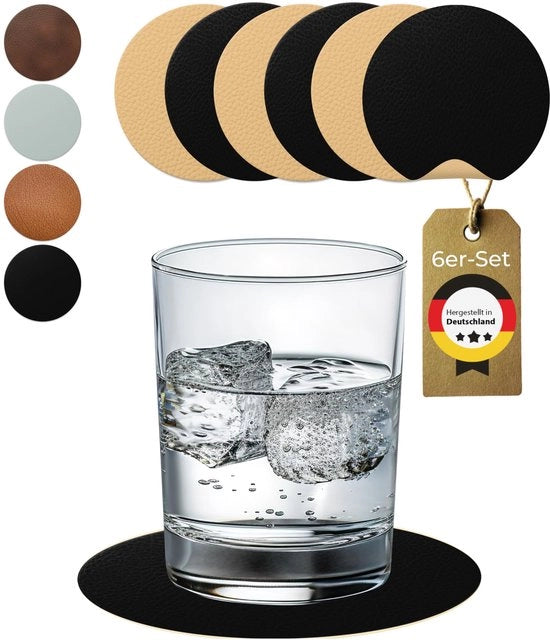 Set di Supporti per Vetrini Ronde Antiscivolo e Lavabile da 6 – Protezione Perfetta per la Tavolo – Supporti per Vetrini in PVC Pelle Finta Nero/Bianco – Prodotto in Germania