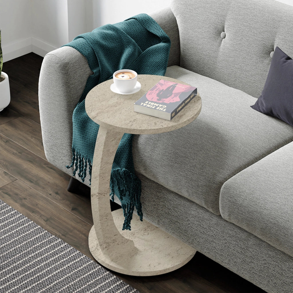Tavolino da Divano Holeby con Rotelle e Piano Rotondo - Colore Travertino [en.casa]