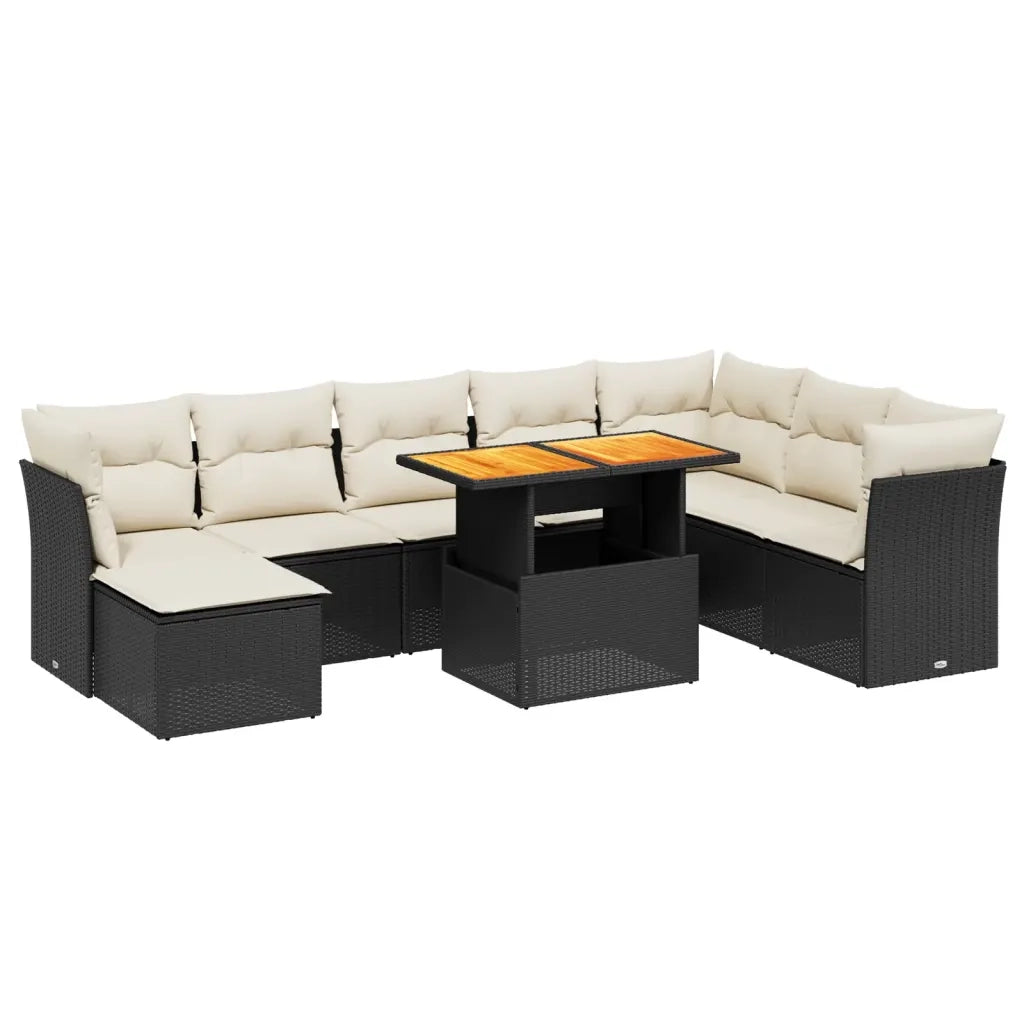 Set Divani da Giardino 9 pz con Cuscini Nero in Polyrattan