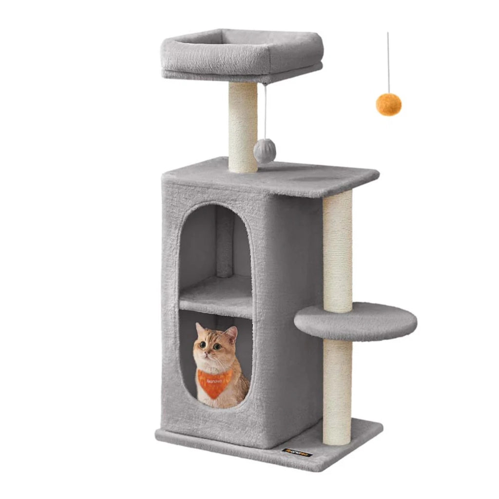 Tiragraffi piccolo con 2 nicchie e tiragraffi 45 x 35 x 101 cm per case con più gatti grigio chiaro 12_0006910