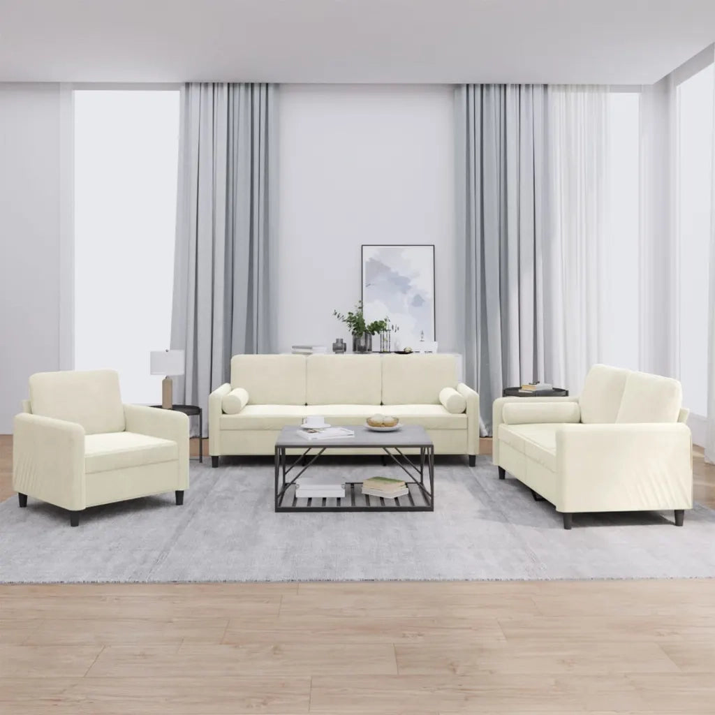Set di Divani 3 pz con Cuscini Crema in Velluto 3201962