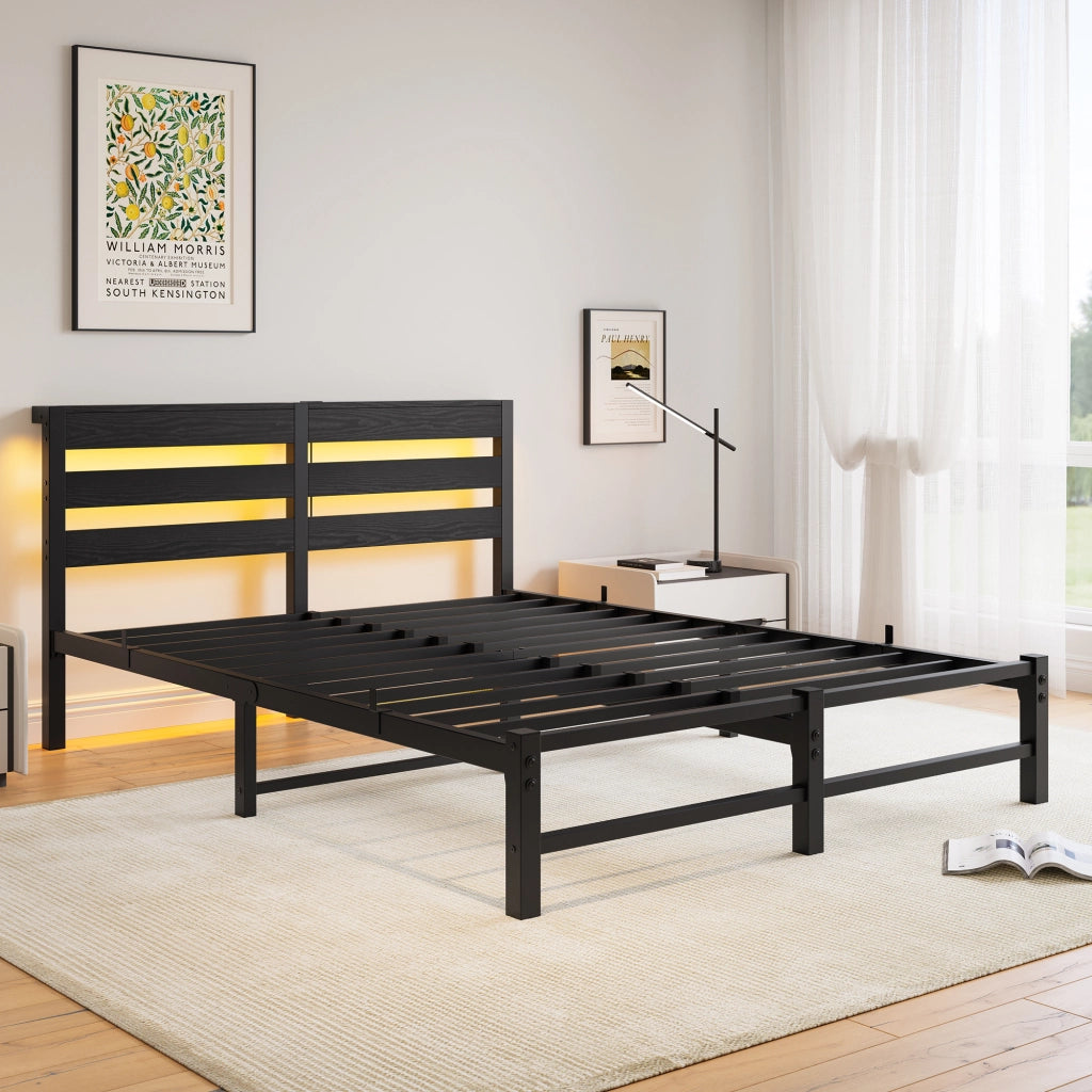 LETTO 140x200 cm in Metallo Nero con LED RGB, USB e spazio sotto letto