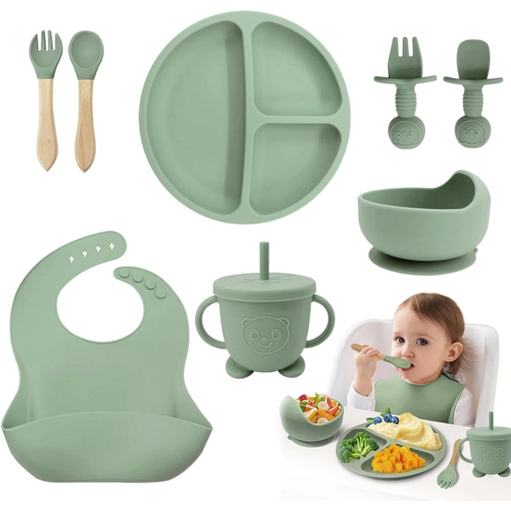 Trade Shop - Set 10pz Pappa Svezzamento Bambini Silicone Piatto Ciotola Cucchiaio Forchetta Bavaglini -