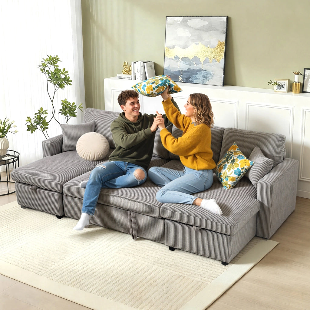 Divano Letto Moderno a U 282x140x86 cm con 2 Chaise Longue e Vani Contenitore Velluto a Coste Grigio
