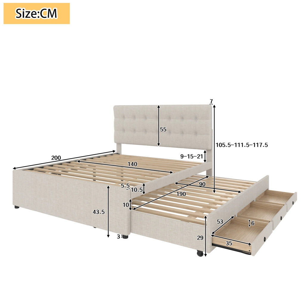Letto imbottito beige 140x200 cm con letto estraibile e 3 cassetti