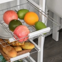 Carrello da Cucina con Scomparti Multipli su Ruote, 4 Cesti in Metallo, Cassetto, in Legno di Pino, 37 x 37 x 82 cm, Bianco