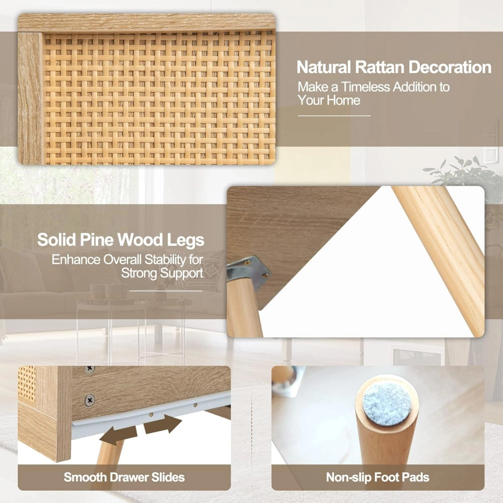 Comodino con porta in rattan, tavolino in legno con stile moderno, mobile laterale decorativo con cassetto, adatto per camera da letto, soggiorno, 40 x 40 x 55 cm, naturale