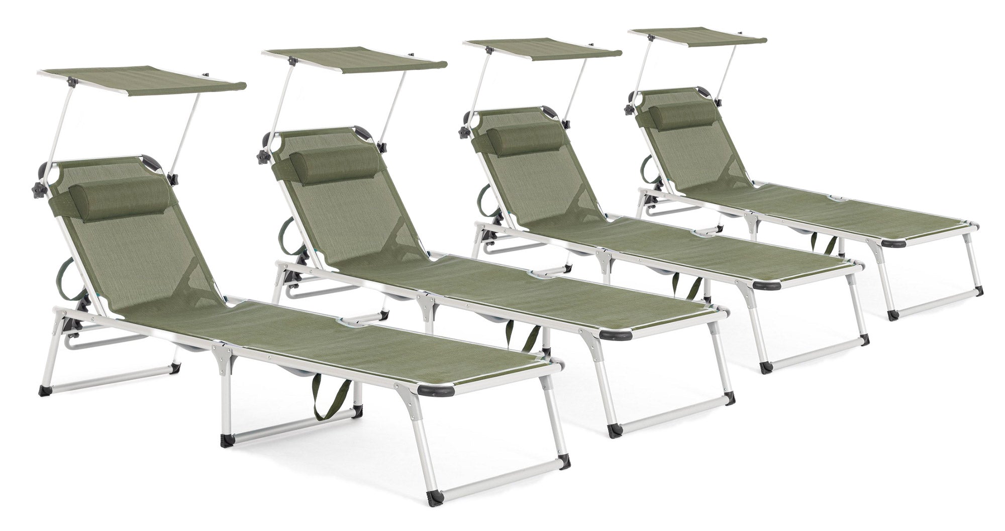 Set 4 Lettini Prendisole da Giardino con Tettuccio 58x193x76 cm in Alluminio Cayo Olive