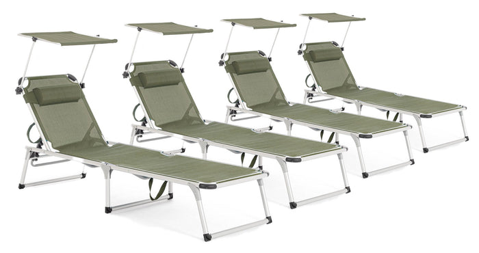 Set 4 Lettini Prendisole da Giardino con Tettuccio 58x193x76 cm in Alluminio Cayo Olive