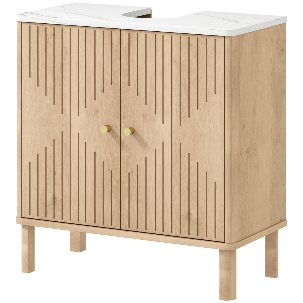 Mobile Sottolavabo a 2 Ante con Ripiano Effetto Marmo e Mensola Regolabile. Rovere