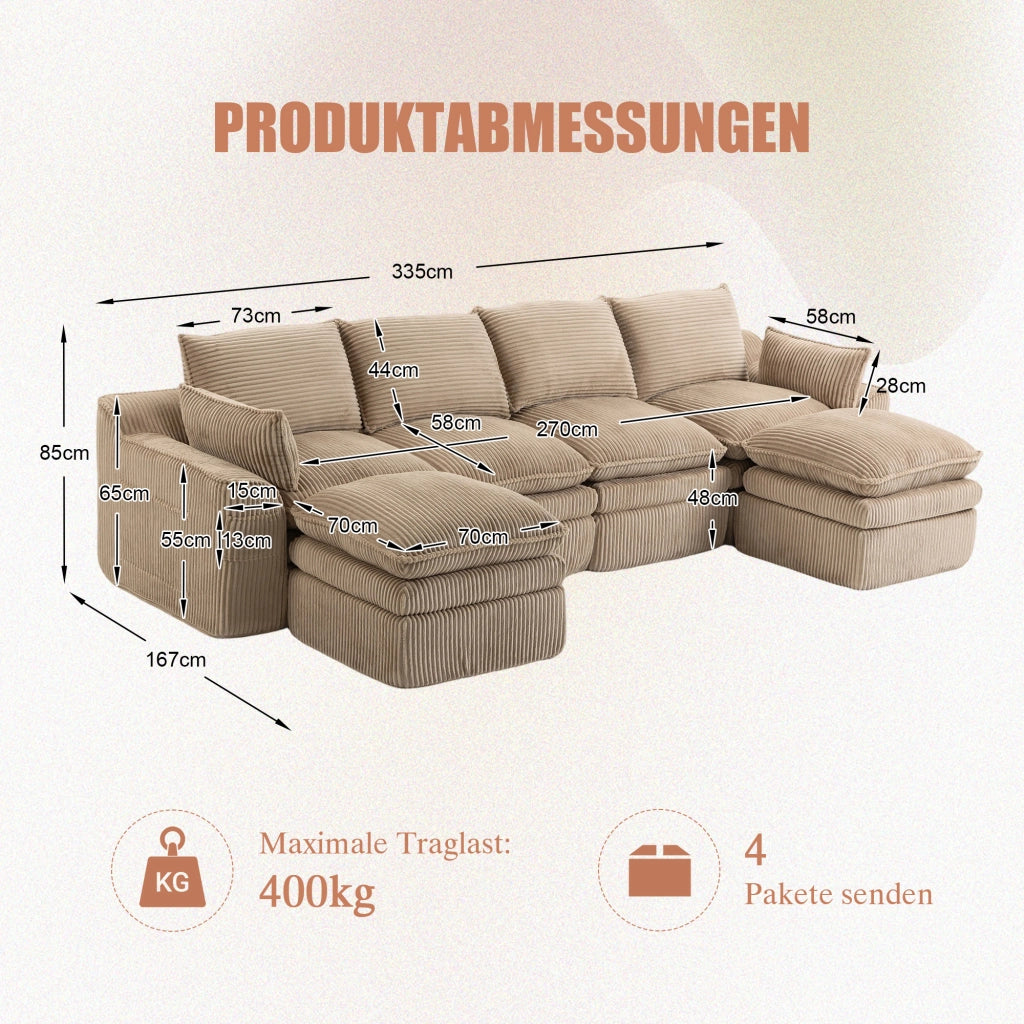 Divano modulare a 4 posti in velluto a coste con 2 pouf, cuscini, tasche laterali e schiuma a 3 strati, khaki
