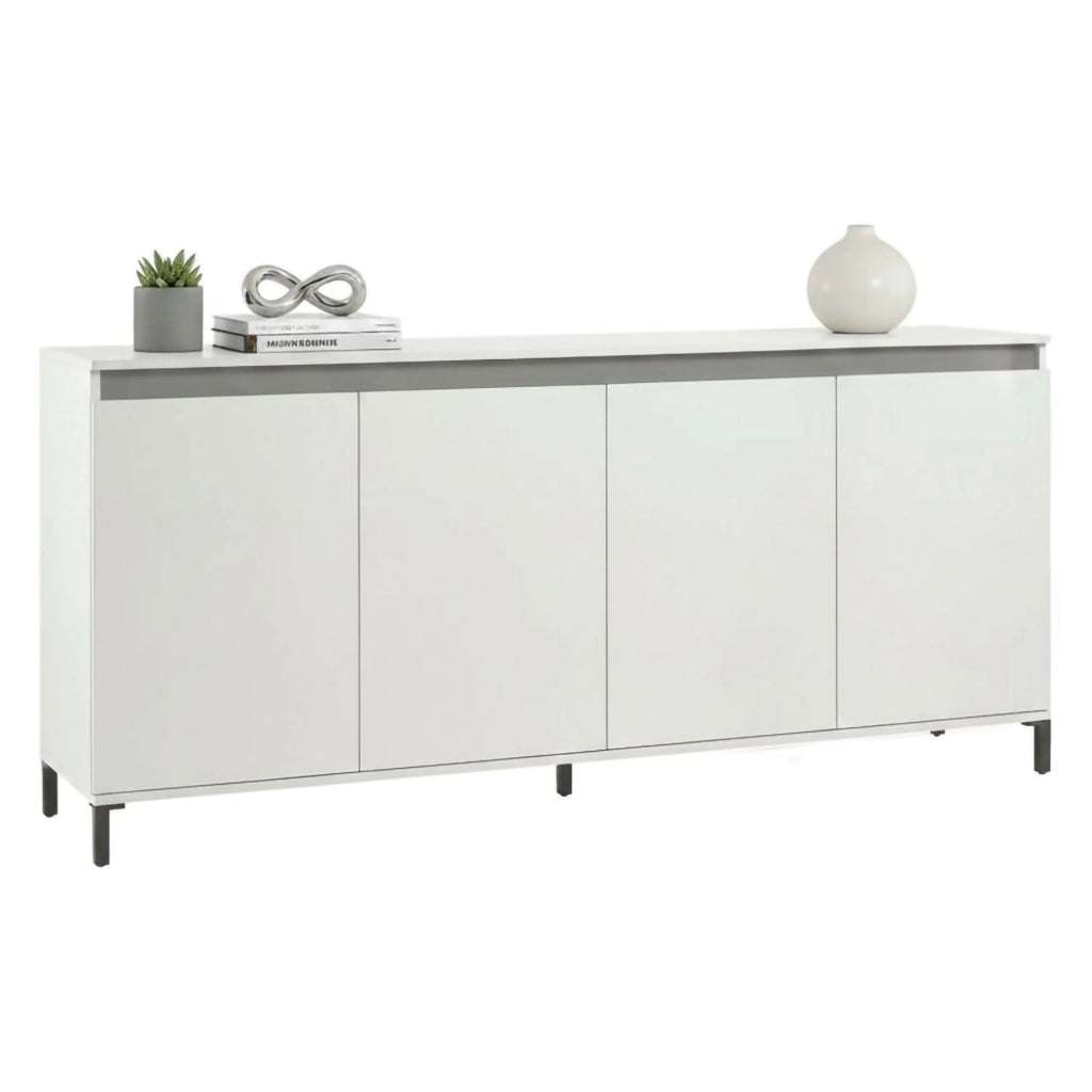 Credenza Filomena, Buffet da soggiorno, Madia da salotto, Dispensa da cucina, Made in Italy, 184x40h90 cm, Bianco lucido e Antracite