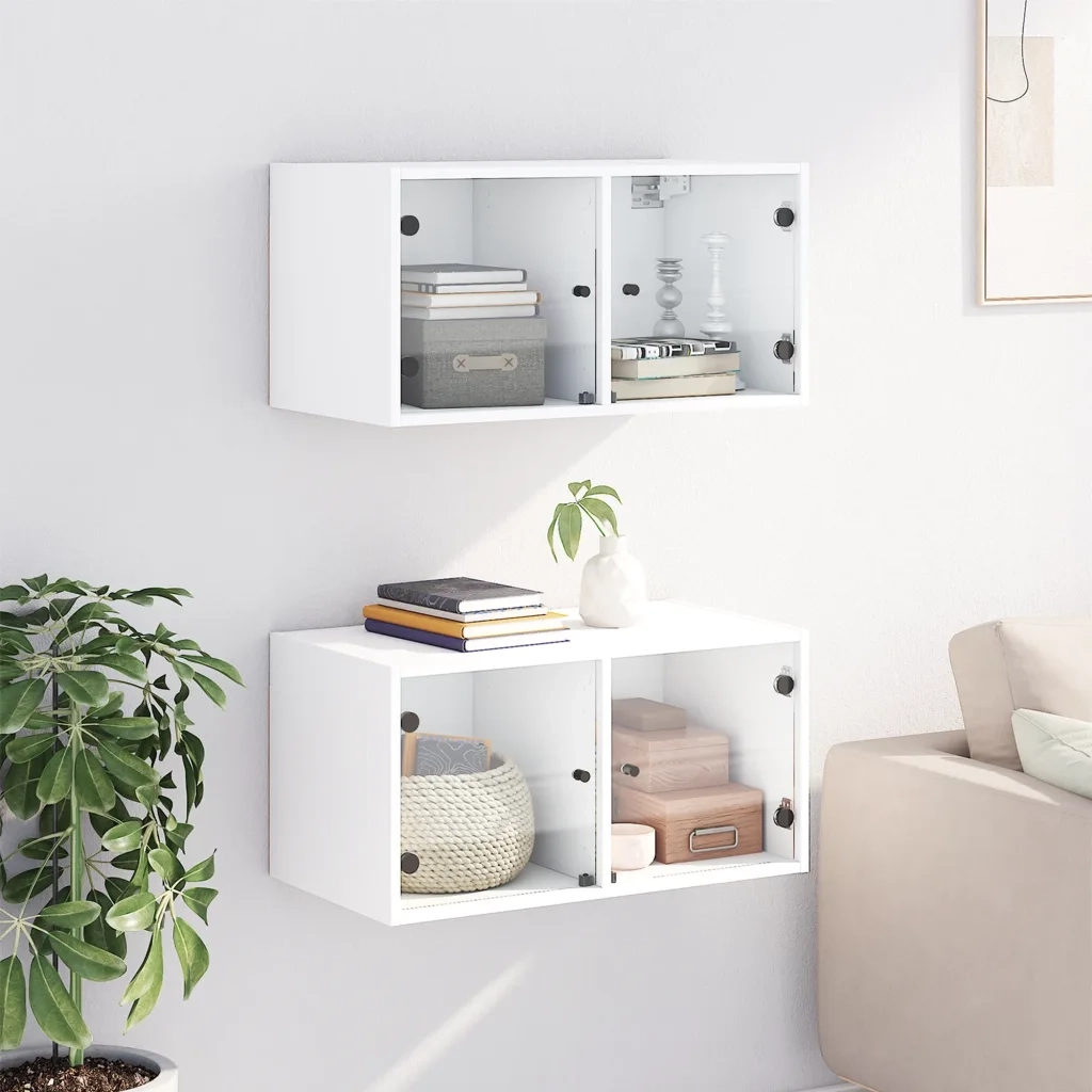 Armadietto a Muro | Mobili a Muro con Ante in Vetro 2 pz Bianco 68,5x37x35 cm