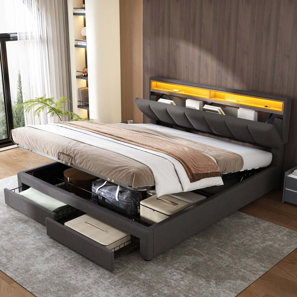 LETTO imbottito 160x200 cm grigio scuro in tessuto effetto lino con LED