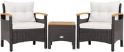 Set di 3 mobili da giardino in rattan e legno di acacacia, mobili da balcone con 2 poltrone e 1 tavolino, per giardino, balcone, marrone e bianco