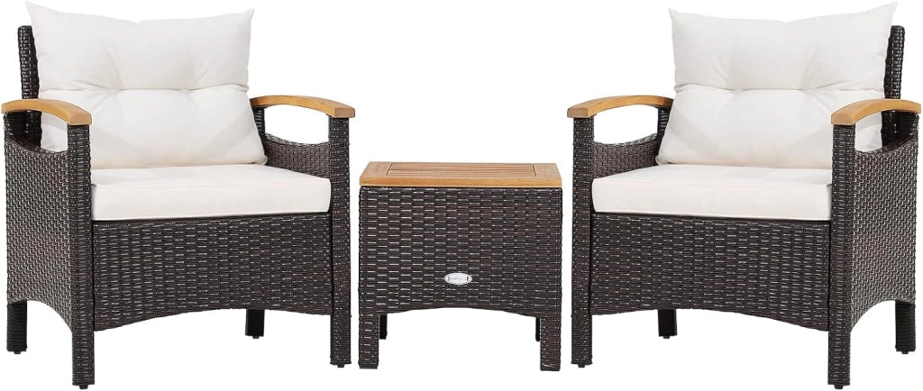 Set di 3 mobili da giardino in rattan e legno di acacacia, mobili da balcone con 2 poltrone e 1 tavolino, per giardino, balcone, marrone e bianco