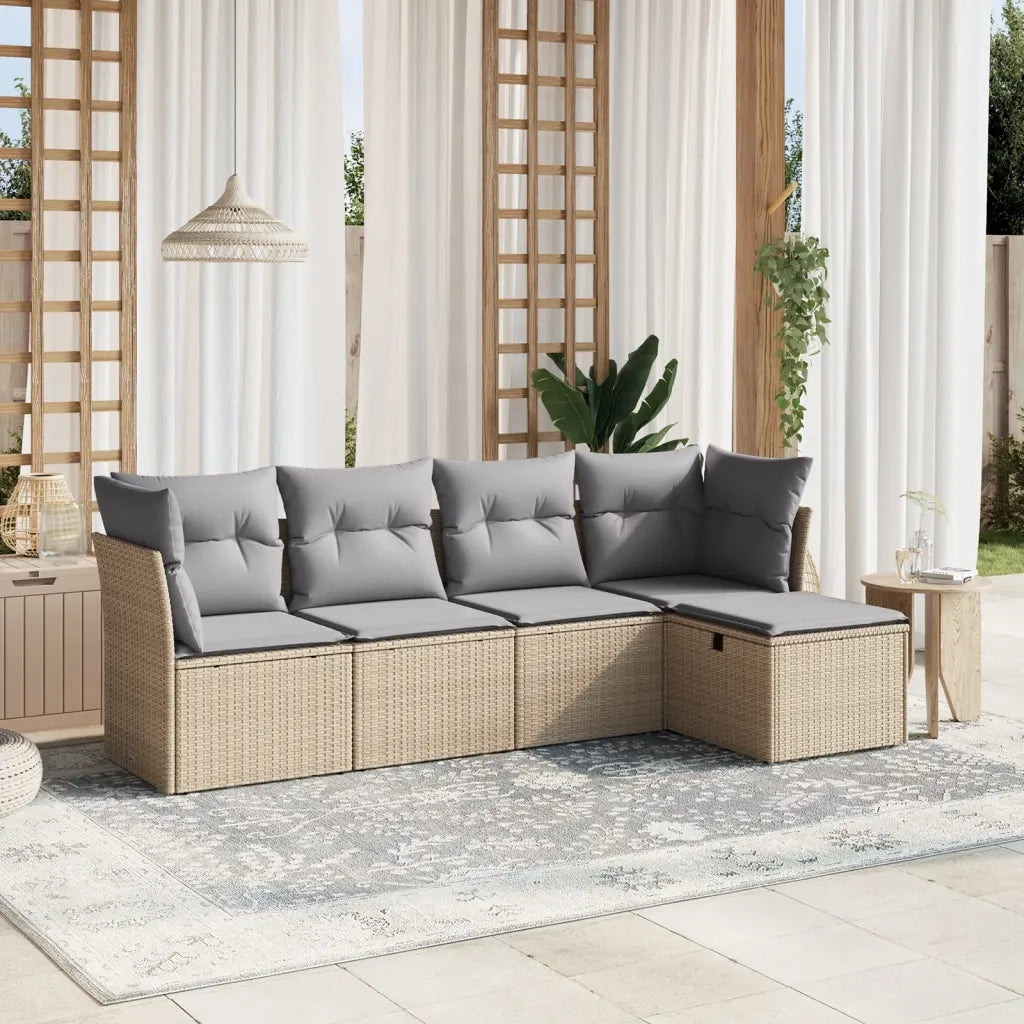 Set Divano da Giardino 5 pz | Set Salotto da Giardino con Cuscini Beige Misto Polyrattan