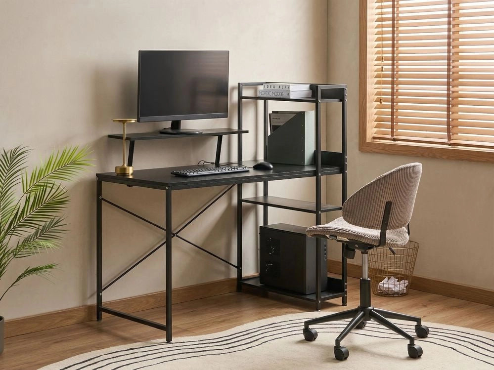 Scrivania da ufficio per casa Piano in MDF nero Struttura con gambe in ferro verniciato a polvere 5 ripiani Supporto per monitor Moderno