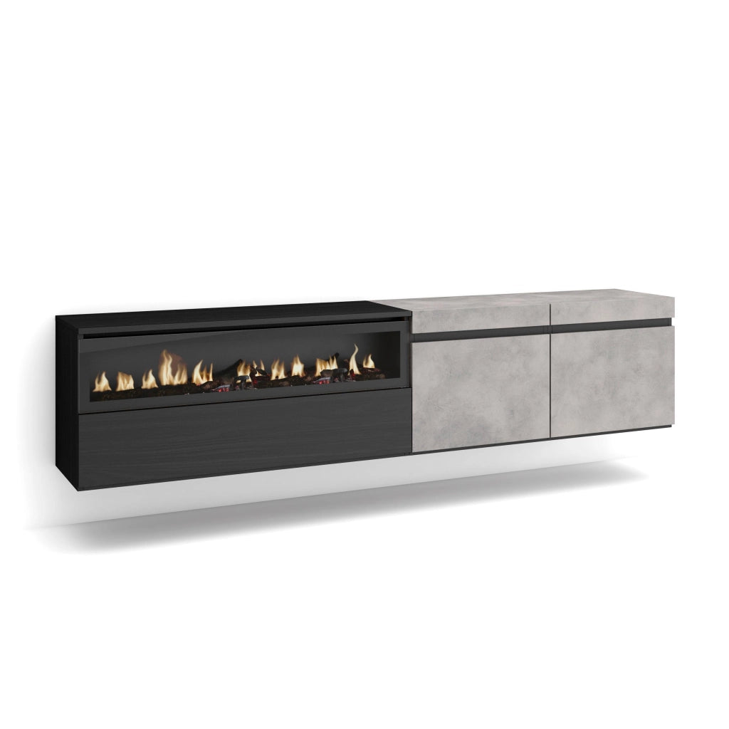 Mobile TV, 200x35x45cm, soggiorno, Per TV fino a 80", Camino elettrico, da appendere, grigio cemento RF2237