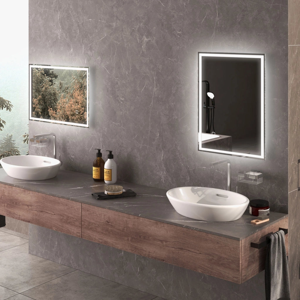 Specchio da bagno con LED, interruttore touch, montaggio verticale o orizzontale, bianco