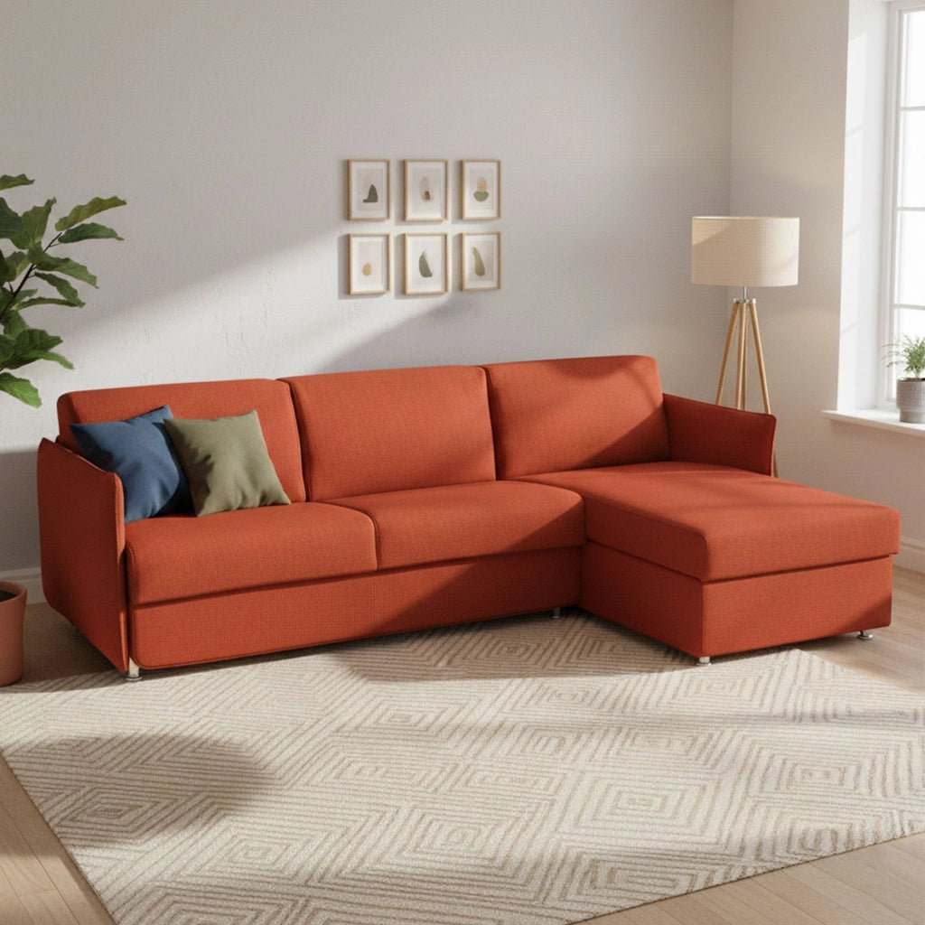 Scordia, Divano Letto con Penisola Sfoderabile Made in Italy, 260x160 cm Arancione