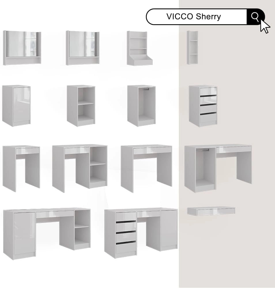 Tavolo da toeletta Sherry, Bianco/bianco lucido, 120 cm 4 parti, con illuminazione LED e specchio integrato