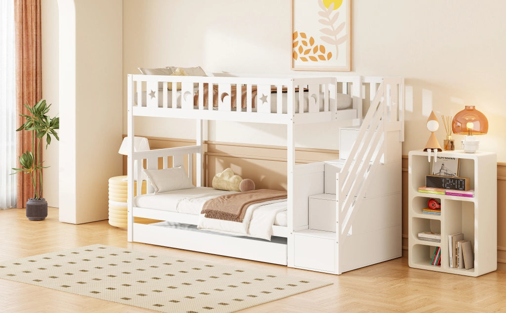 DESMIU Letto a castello per bambini 90 × 200 cm e 90 × 190 cm con cassetti, senza materasso, in legno, bianco