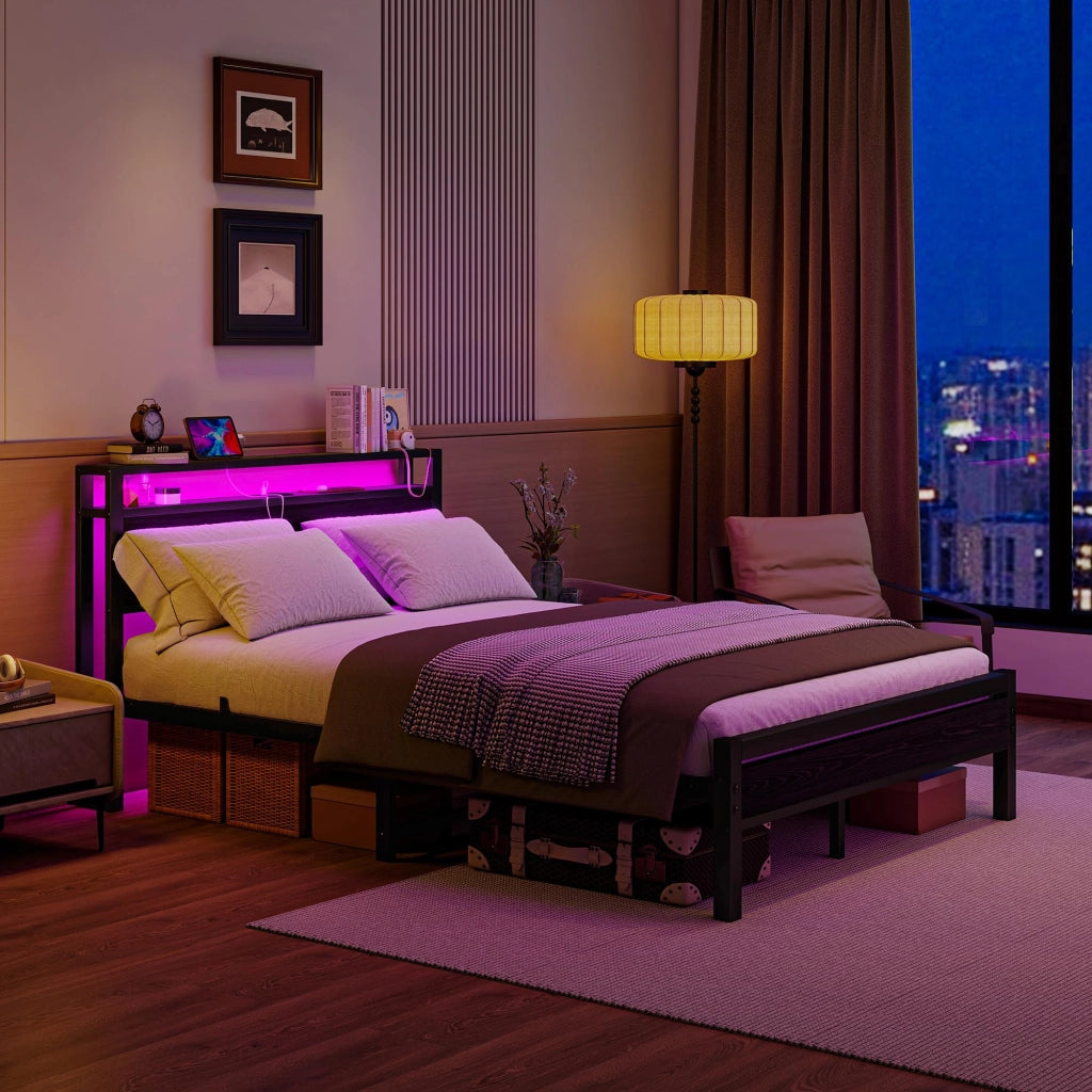 LETTO 140x200 cm con contenitore, metallo e MDF, nero, USB e LED