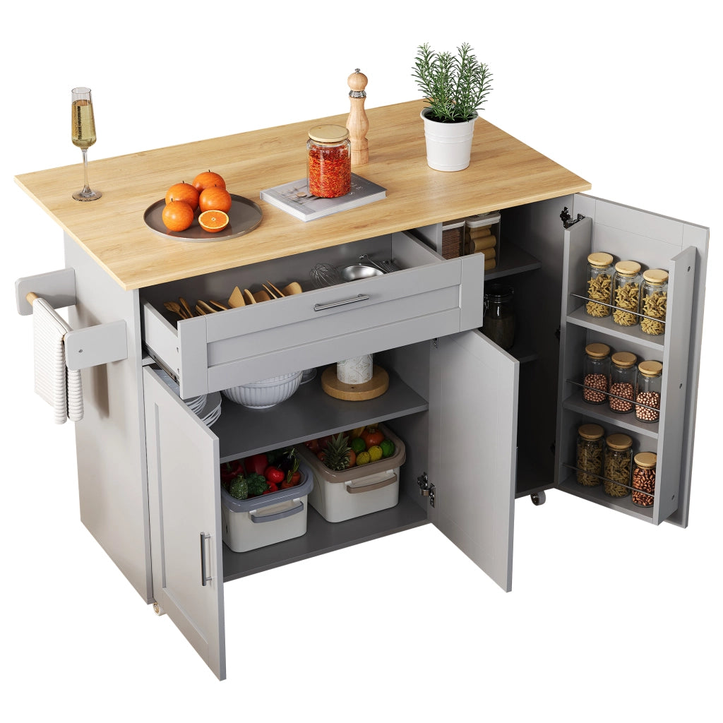 Isola da Cucina Mobile 132,5x44/70x90 cm Grigia con Piano Effetto Rovere, Cassetto e 5 Ruote