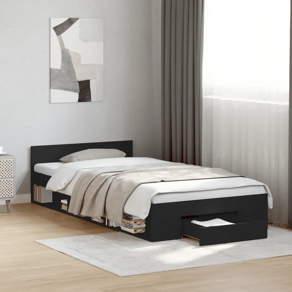 Letto singolo | Letto per adulti | Giroletto con Cassetto Nero 90x190 cm in Legno Multistrato