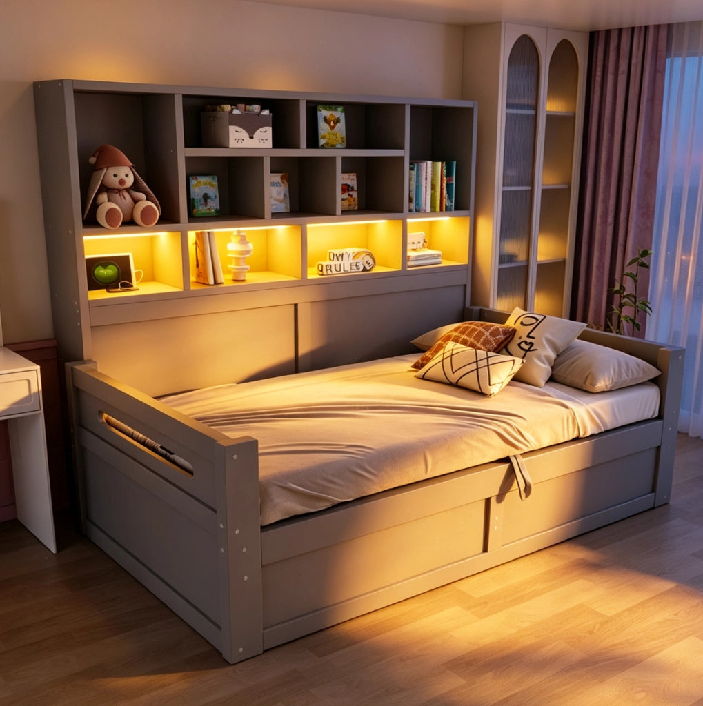 Multifunktionsbett 90x200 cm con contenitore idraulico; LED e prese; MDF; grigio