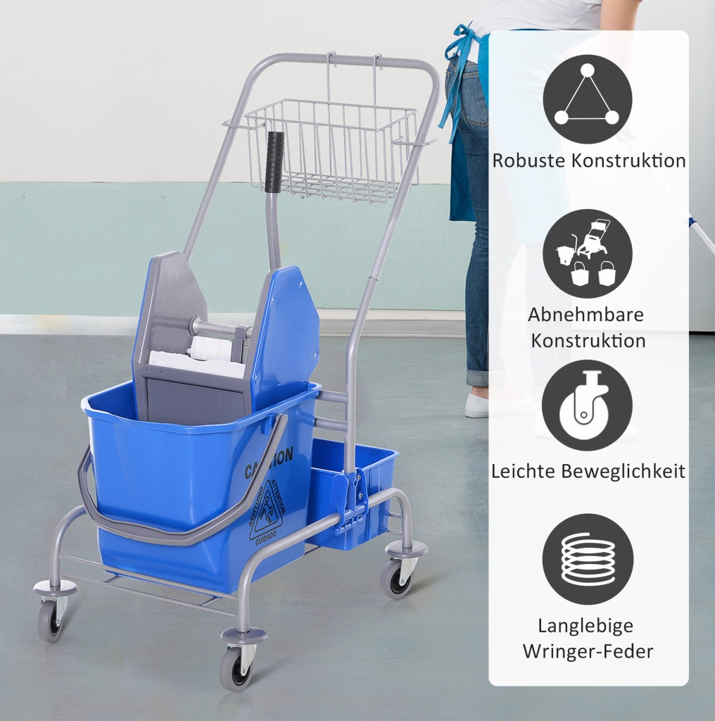 Carrello per pulizie ULEVR con secchio da 25 L, strizzatore, cestello e 4 ruote, blu