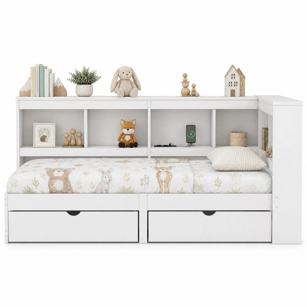 Divano letto 90x200 cm con 2 cassetti; presa e 2 porte USB; bianco