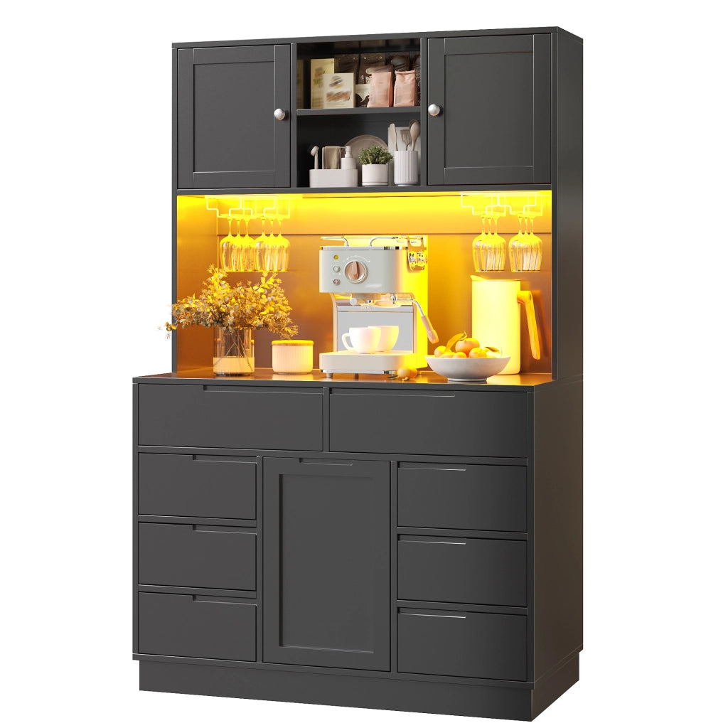 Mobile colonna da cucina con piano a 92 cm; 8 cassetti; LED e ripiani regolabili nero 120 × 40 × 183.5 cm